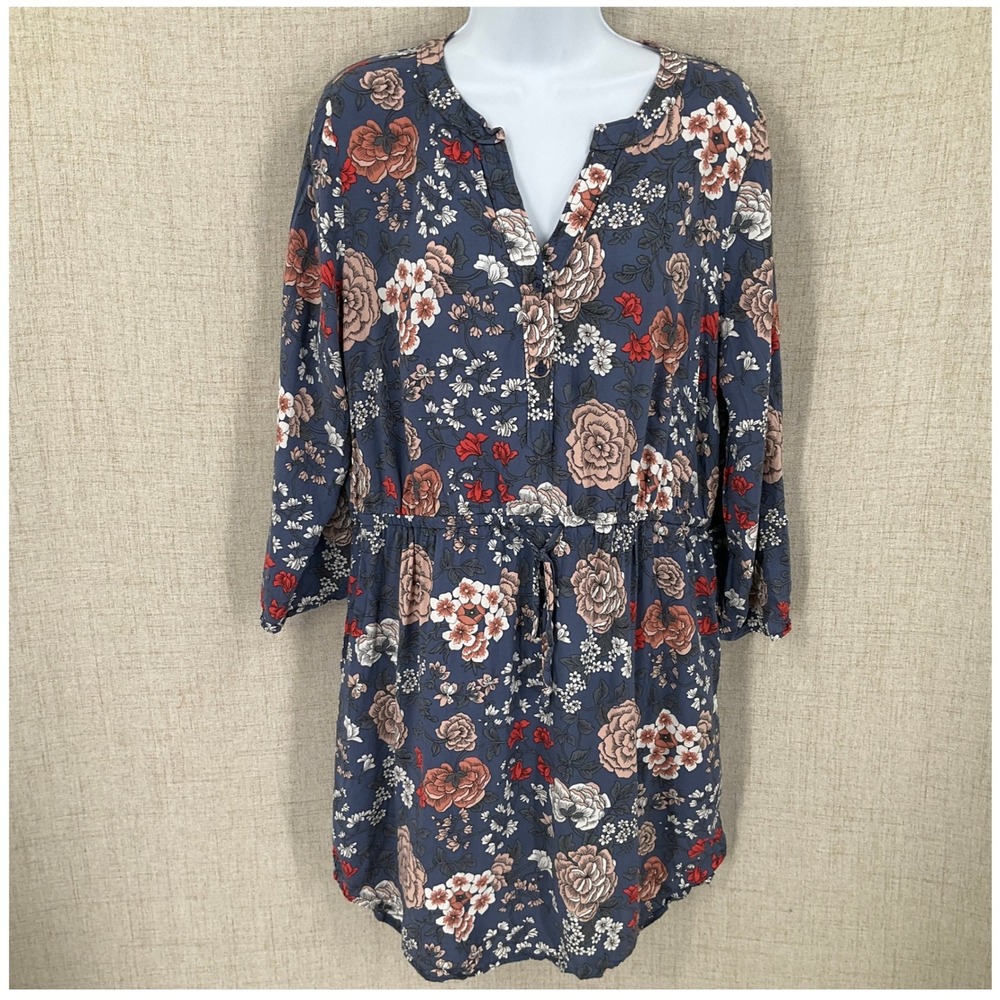 Loft Outlet Dress Womens LP Blue Floral Drawstring Waist Boho Romantic Botanical